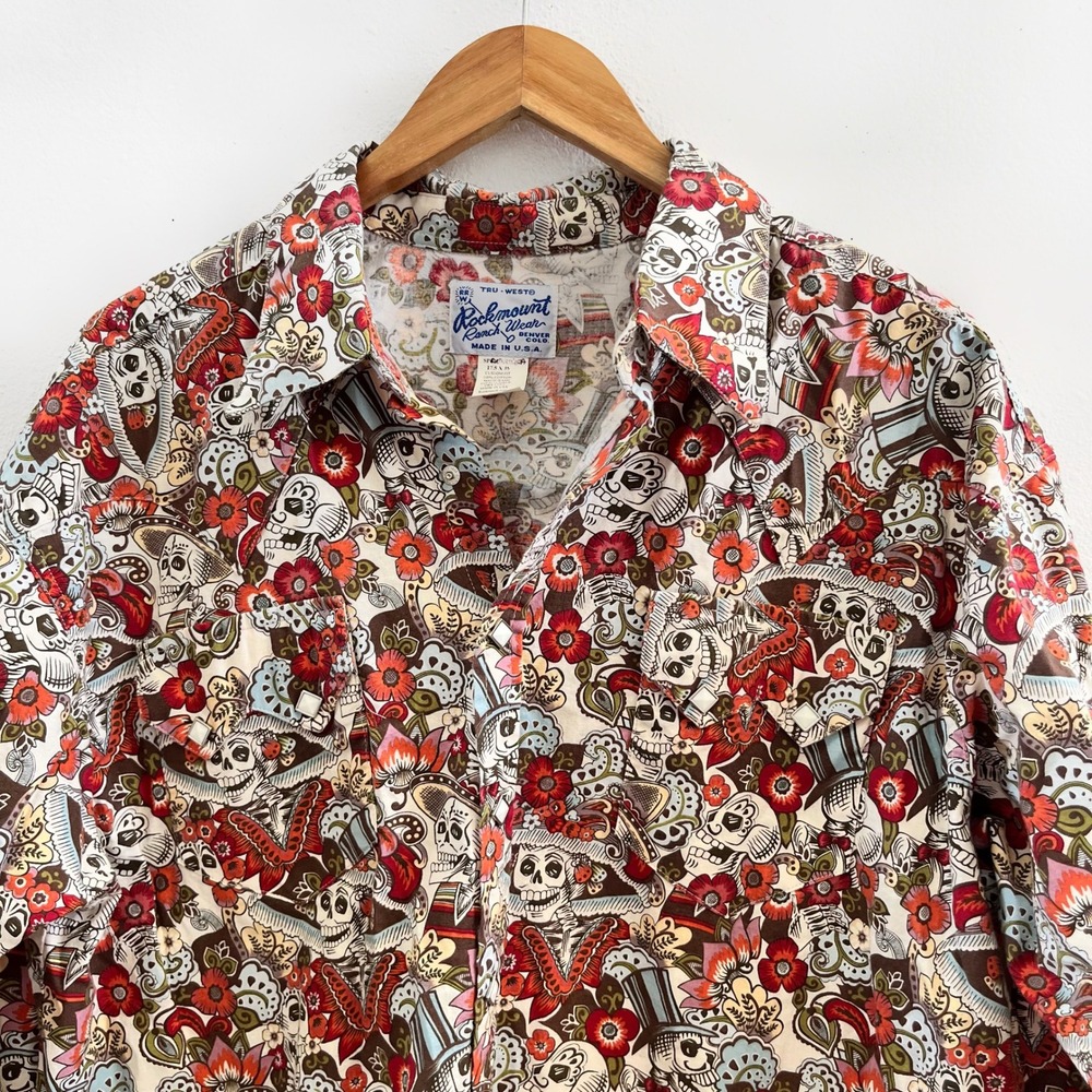 ROCKMOUNT Ranch Wear  Skulls‎ & Floral Print Western Shirt No Size Tag - Picture 5 of 8